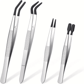 1/4 Pieces Tweezers With Rubber Tips Tweezers Rubber PVC Silicone Coated Non Marring Flat Tip Bent Tip Tweezers Tipped Tweezers (Color: Black 4 pcs)