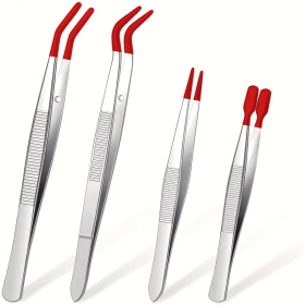 1/4 Pieces Tweezers With Rubber Tips Tweezers Rubber PVC Silicone Coated Non Marring Flat Tip Bent Tip Tweezers Tipped Tweezers (Color: Red 4 pcs)
