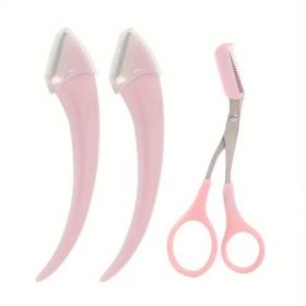 Eyebrow Trimmer Set, Curved Eyebrow Razor, Eyebrow Scissors With Comb, Convenient Easy Beauty Tools For Beginners (Color: 3Pcs Pink)