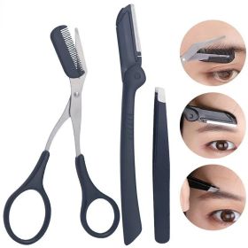 Stainless Steel Eyebrow Trimmer Scissors & Comb Set - Precision Grooming Tool for Men and Women - Effortless Hair Removal (Color: 3pcs black)