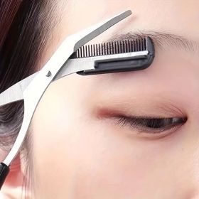 Stainless Steel Eyebrow Trimmer Scissors & Comb Set - Precision Grooming Tool for Men and Women - Effortless Hair Removal (Color: black 01)