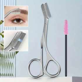 Stainless Steel Eyebrow Trimmer Scissors & Comb Set - Precision Grooming Tool for Men and Women - Effortless Hair Removal (Color: 2pcs)