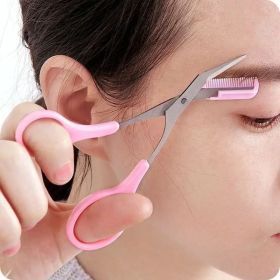 Stainless Steel Eyebrow Trimmer Scissors & Comb Set - Precision Grooming Tool for Men and Women - Effortless Hair Removal (Color: Pink)