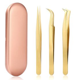 High Precision Lash Tweezers Set - Includes 3 Stainless Steel Eyelash Tweezers for Classic Individual and Volume Lash Extensions (Color: Golden 3 pcs)