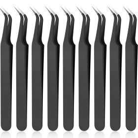1/9Pcs Curved Tip Eyelash Extension Tweezers, Stainless Steel Curved Tip Tweezers Pointed Tip Tweezers with Protective Cover (Color: Black 9 Pcs)