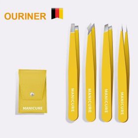 Eyebrow Tweezer Colorful Hair Beauty Fine Hairs Puller Stainless Steel Slanted Eye Brow Clips Removal Makeup Tools (Color: Yellow 4 pcs)