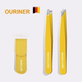 Eyebrow Tweezer Colorful Hair Beauty Fine Hairs Puller Stainless Steel Slanted Eye Brow Clips Removal Makeup Tools (Color: Yellow 2 pcs)