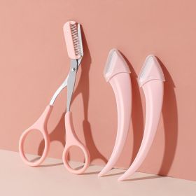 Eyebrow Trimming Knife Face Razor For Women Professional Eyebrow Scissors With Comb Brow Trimmer Scraper Accessories (Color: Pink 3pcs)