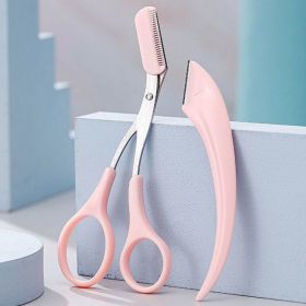 Eyebrow Trimming Knife Face Razor For Women Professional Eyebrow Scissors With Comb Brow Trimmer Scraper Accessories (Color: Pink 2pcs)