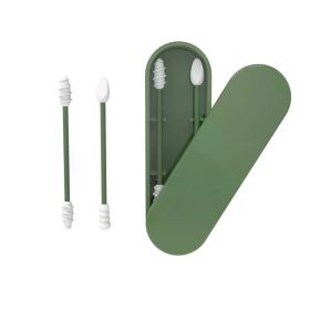 2Pcs Silicone Reusable Cotton Swab Earpick Kit With Box Portable Double Headed Soft Makeup Swab Ear Cleaning Set (Color: green)